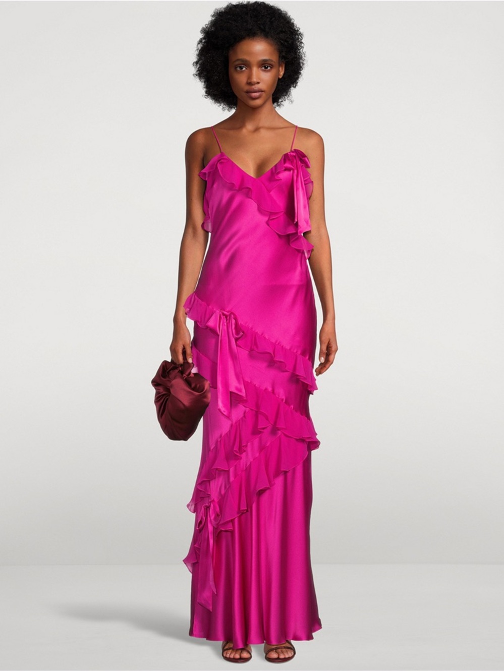 LoveShackFancy Hot Pink Ruffle Slip Maxi Dress
